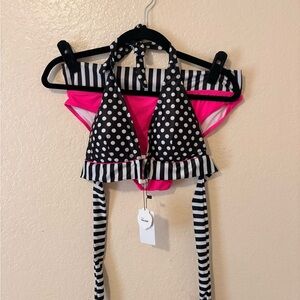 Women’s Polka Dot & Stripe Halter Bikini Set in Hot Pink and Black